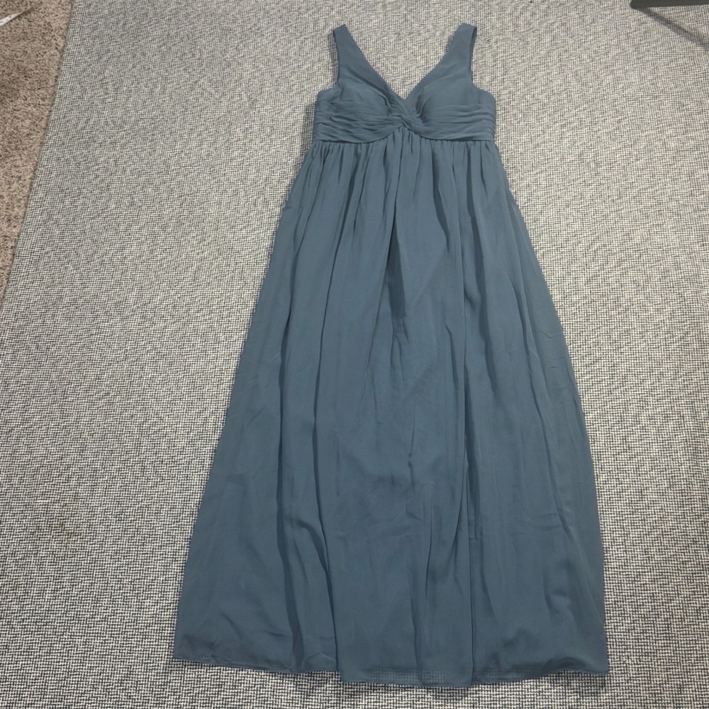 Azazie Slate Blue Chiffon V-Neck Ruched Knot A-Line Bridesmaid Maxi Dress A8
